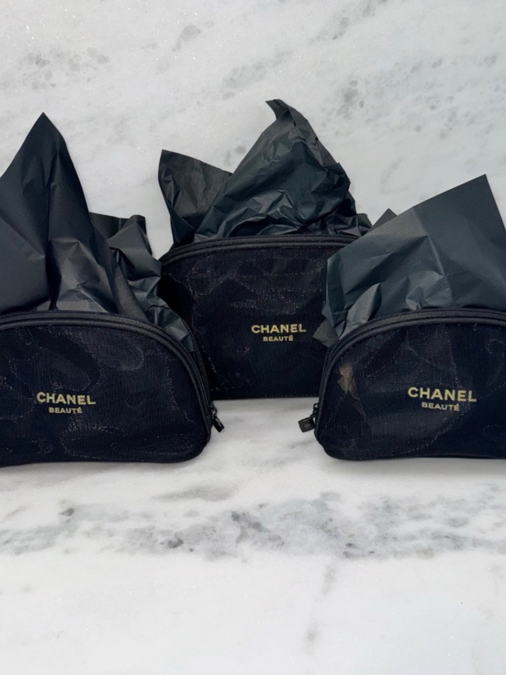 SUPER CUTE Set of 3 Chanel Beaute' Mesh Makeup Cosmetic Bag Pouch New!